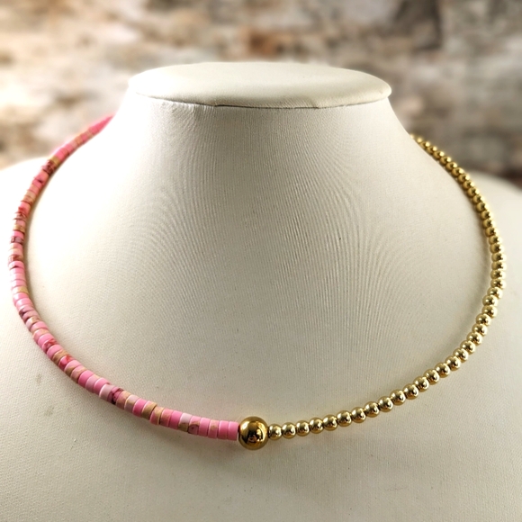 Natural Pink Sea Sediment Imperial Jasper In Assymetrical  Choker/Necklace - Picture 1 of 7